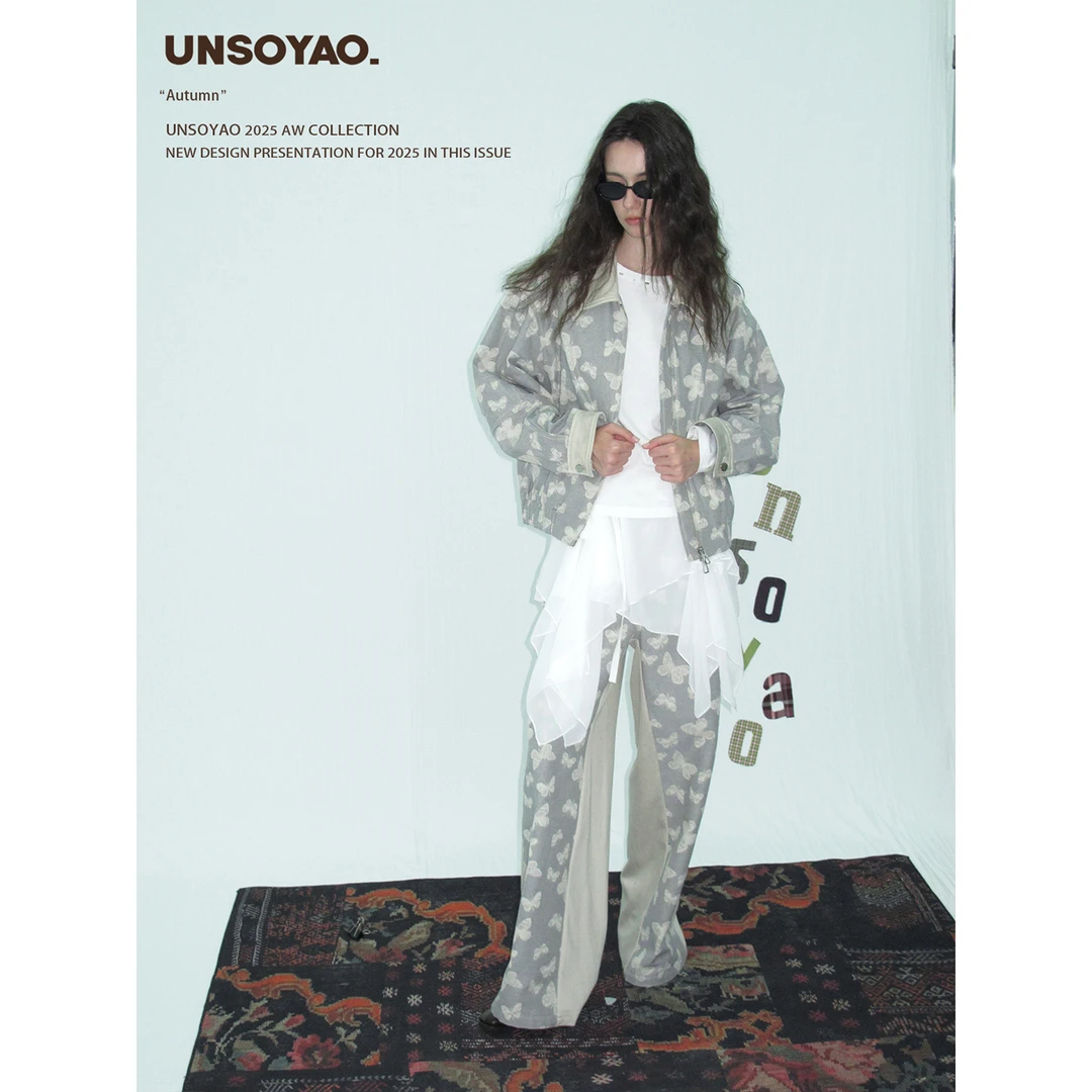 UNSOYAO 25AW“尤卡莉莉安”蝴蝶提花牛仔结构拼接棒球服夹克外套