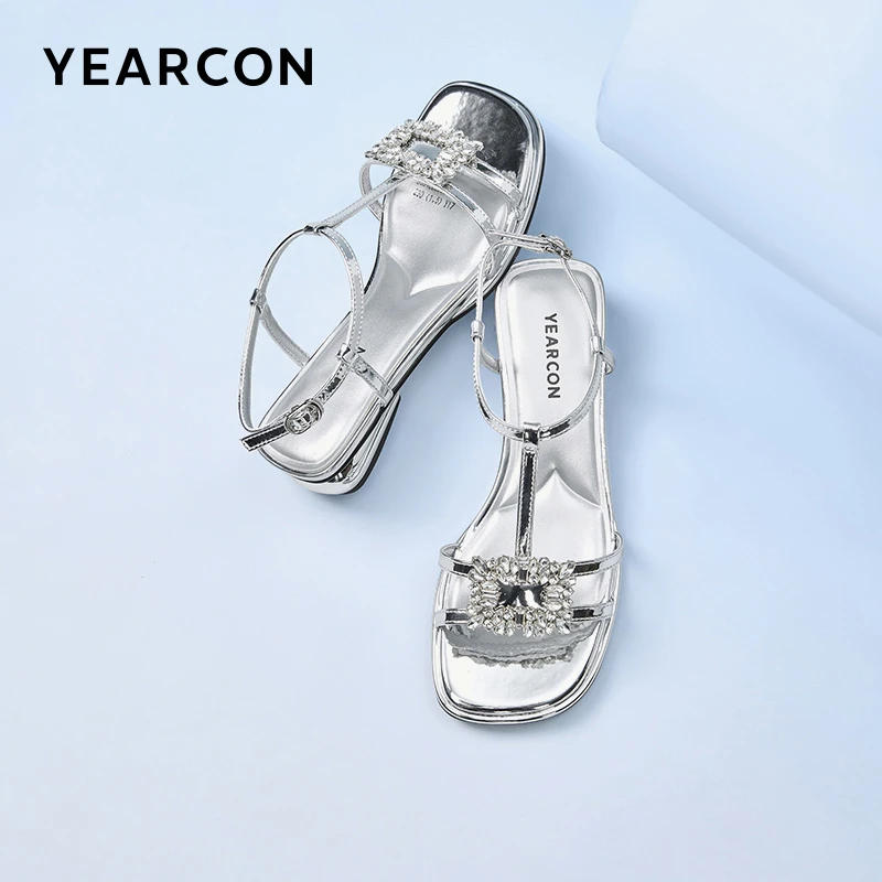 意尔康低跟穆勒鞋纯色水钻时装凉鞋方头夏季平底时装凉鞋时尚女凉