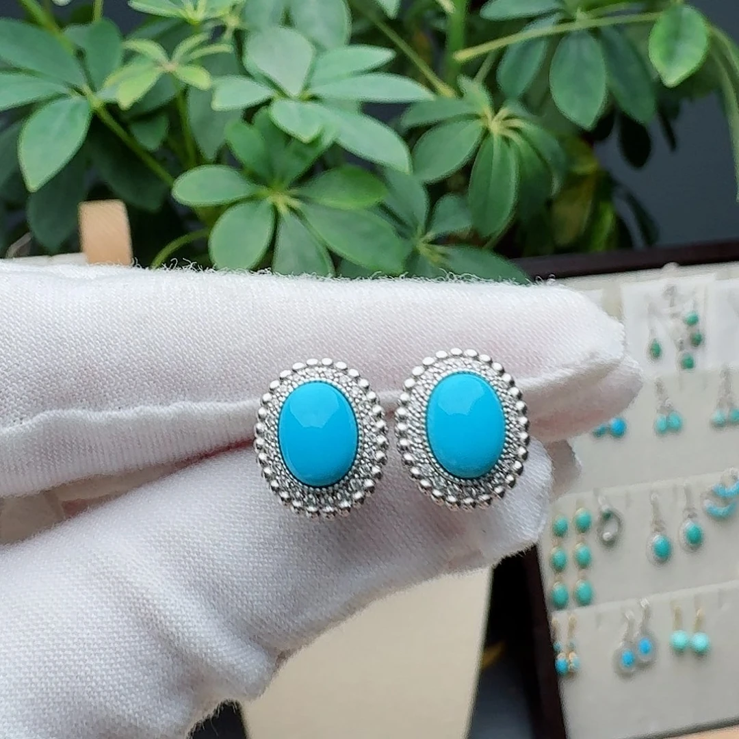 绿松石银S925镶嵌耳饰耳钉