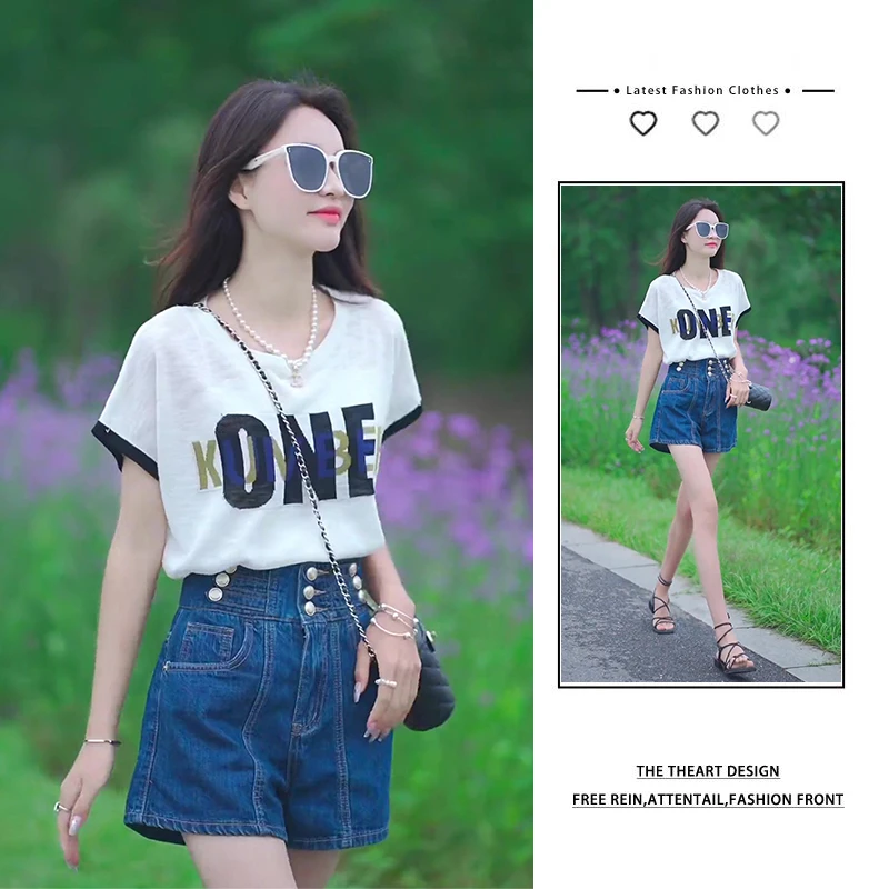 夏季穿搭一整套女2025新款白色印花短袖T恤休闲牛仔短裤时尚套装