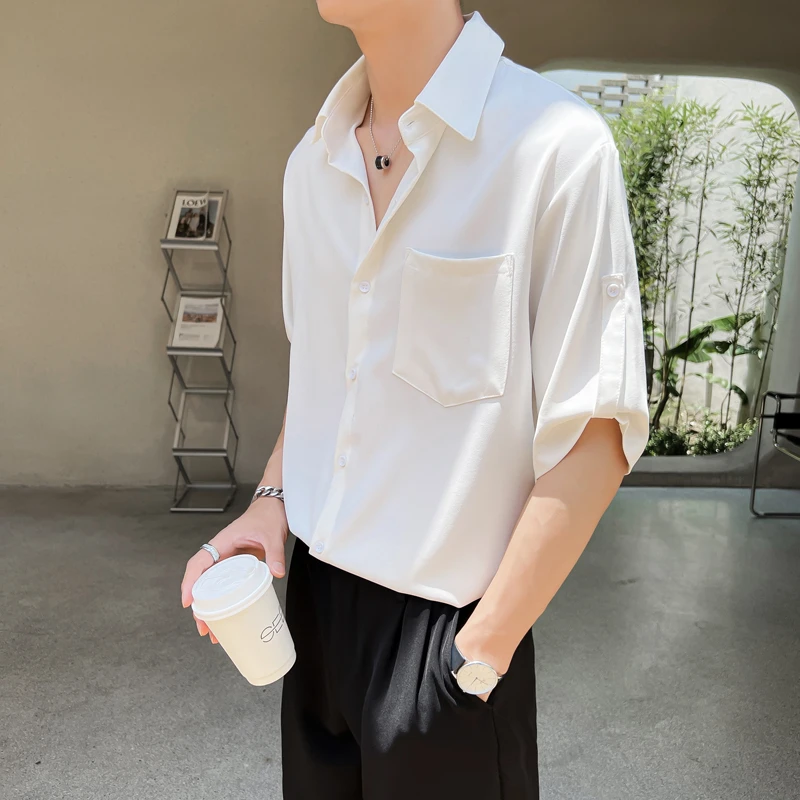 夏季新款衬衣韩系轻熟男款冰丝短袖衬衫男士宽松纯色五分袖上衣