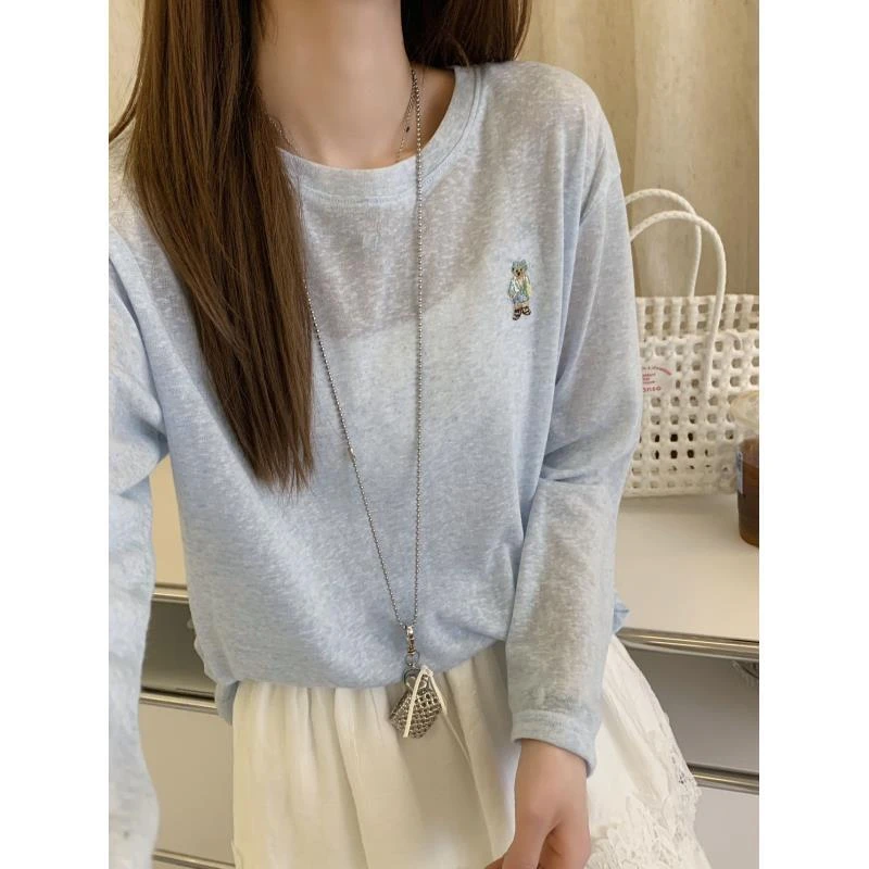 小雅姐姐  简约百搭卡通小熊刺绣韩版糖果色长袖T恤 IX77