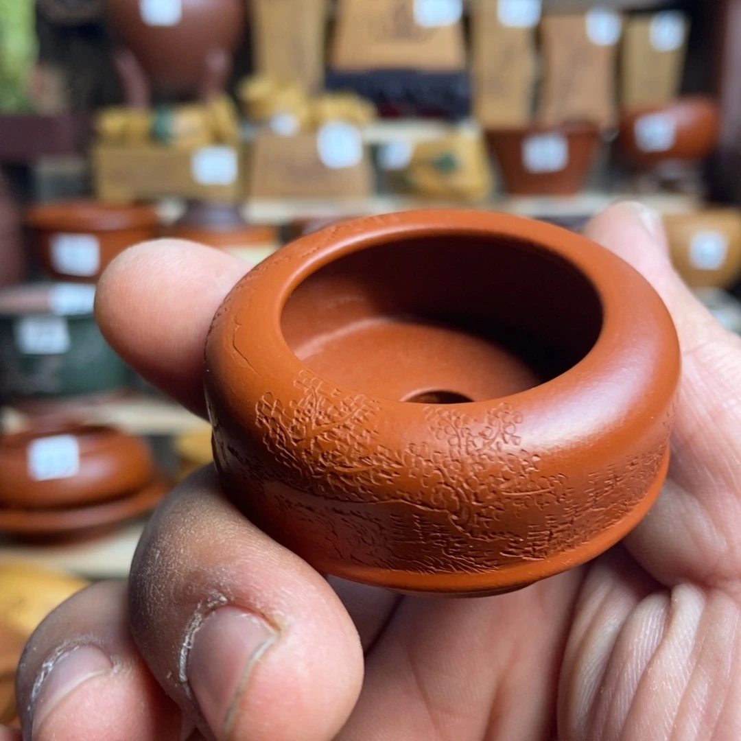 紫砂花盆孙伟手工制作带刻绘，内口经尺寸3×1.5