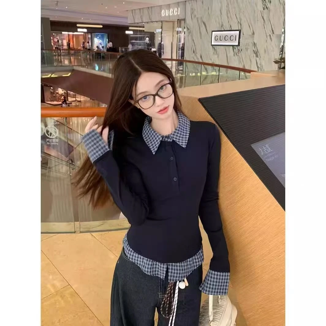 2025藏蓝polo领假两件打底衫女春季新款内搭设计感时尚修身上衣