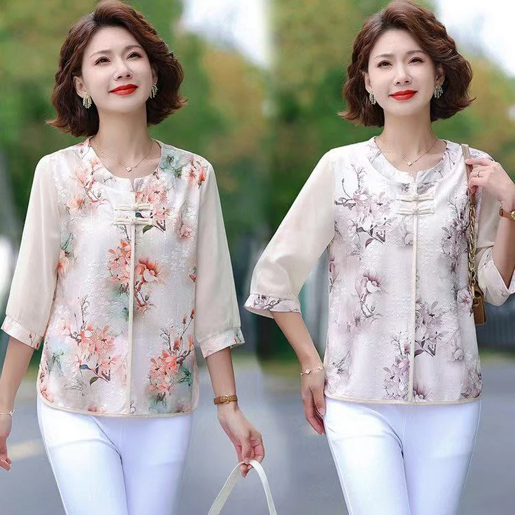 伊-春夏中老年妈妈七分袖新中式假两件显气质上衣2508