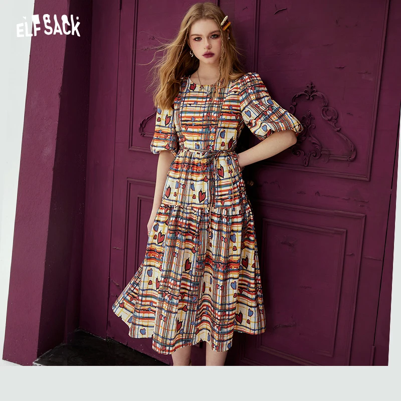 【芋总】妖精的口袋爱你三千遍彩色格纹泡泡袖连衣裙女春新收腰