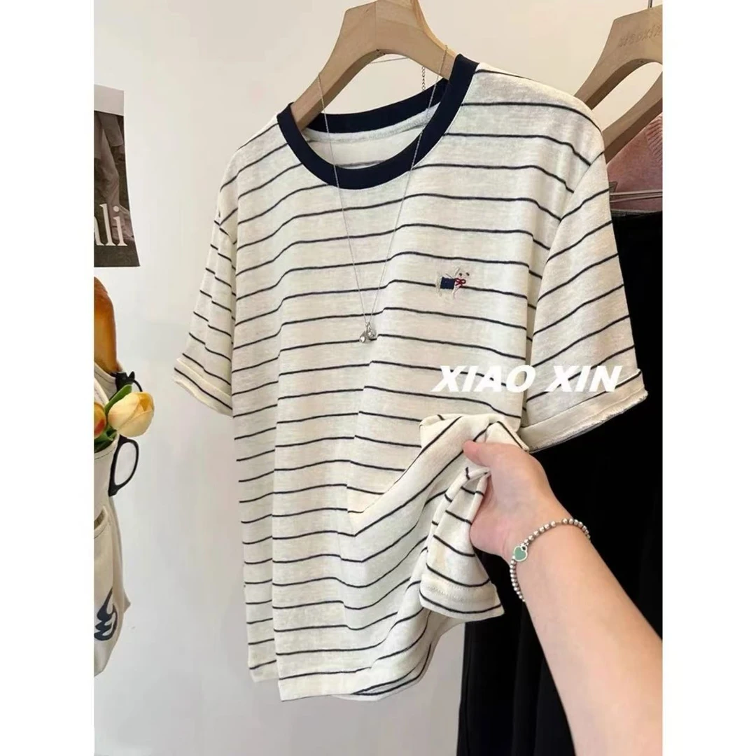 冰凉感-雪花棉「小狗·刺绣」黑杏条纹夏季薄款凉感宽松上衣25059