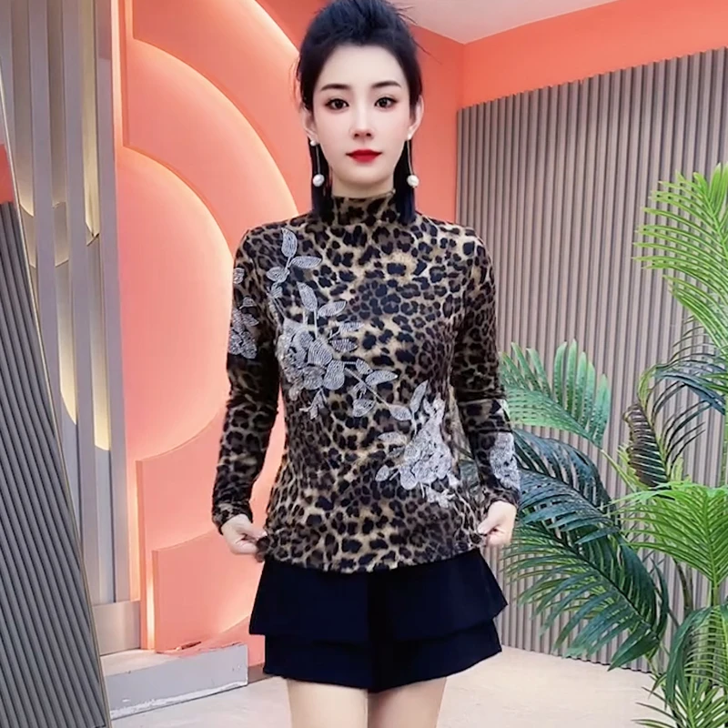 秋季时尚蕾丝显瘦长袖妈妈装打底衫洋气女士百搭半高领上衣T恤女