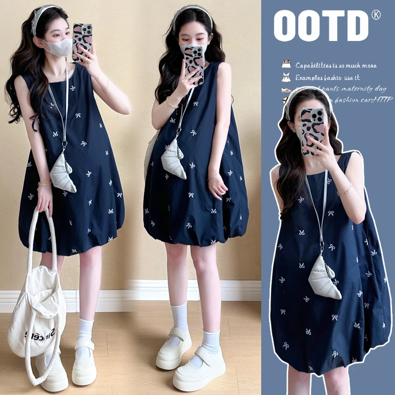 时髦孕妇装新款中长款2025夏季上新孕妇装蝴蝶刺绣无袖花苞连衣裙