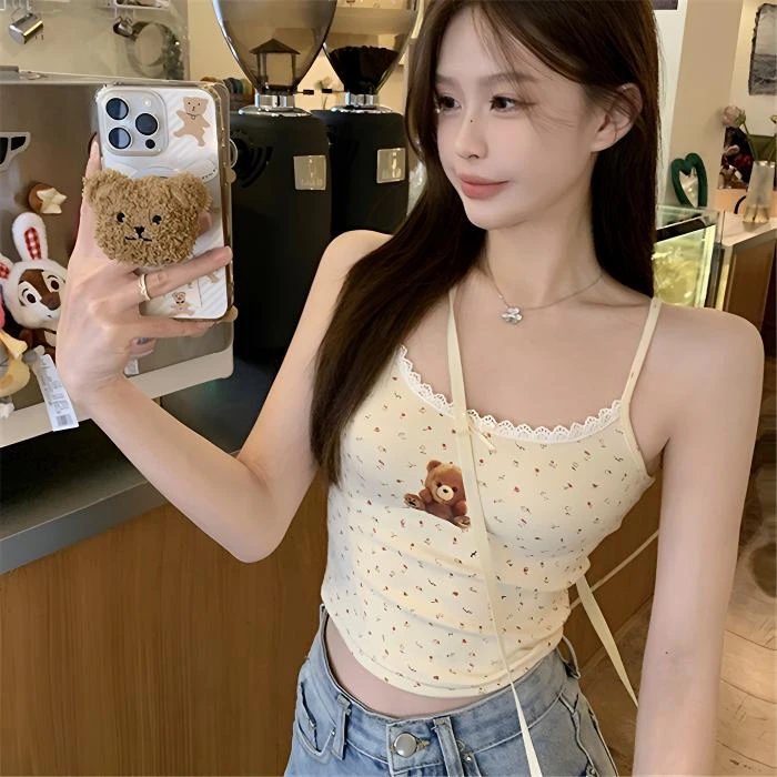 韩系少女辣妹风小熊印花纯欲风性感美背带胸垫吊带背心女夏季新款