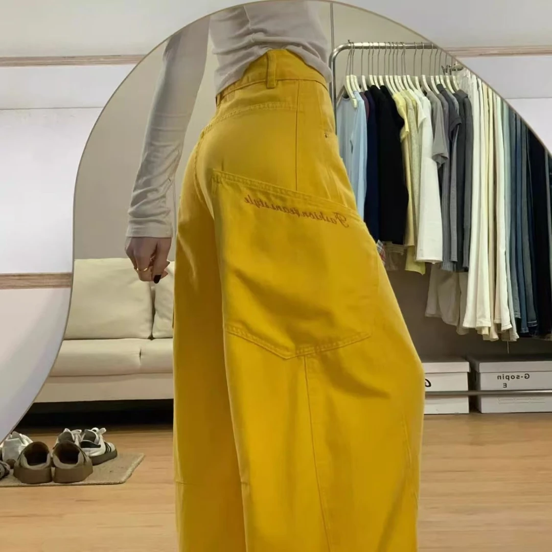 黄色阔腿牛仔裤新款早春美式复古弯刀字母刺绣胖mm宽松长裤子