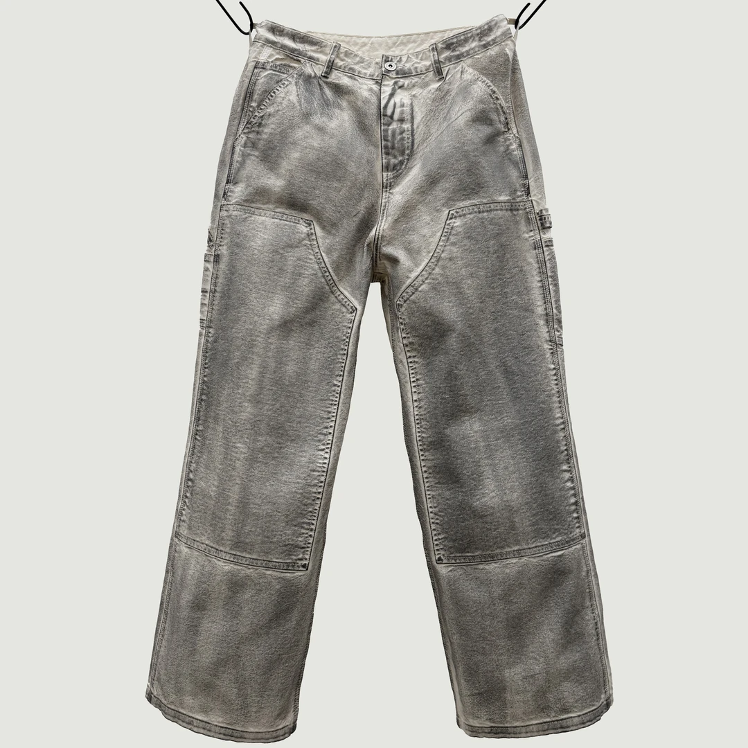 Oxycodone/14OZ高密珠帆布纯手工刷漆水洗做旧阔腿直筒双膝伐木裤