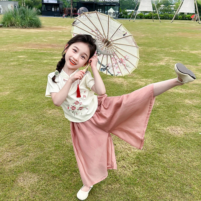 女童夏装新中式国风套装2025新款女宝宝儿童夏季短袖阔腿裤两件套