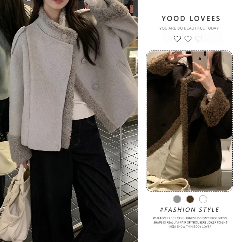 2025秋冬新款拼接撞色小个子短款时尚皮毛一体加厚毛毛夹克短外套