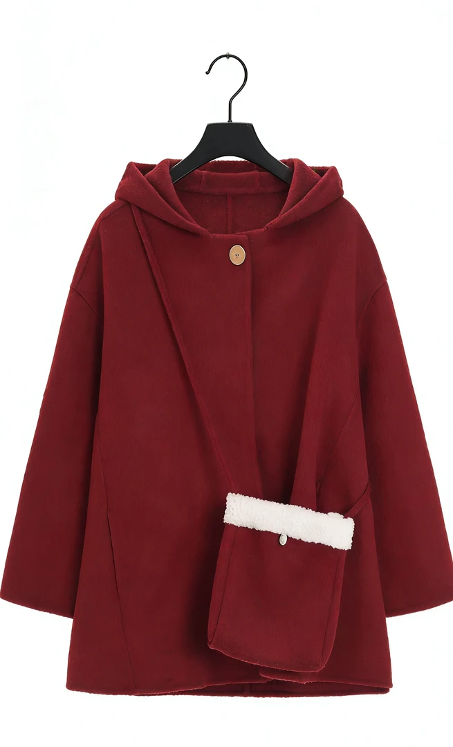 冬季圣诞新款红色羊毛大衣带包包双面羊毛女外套保暖