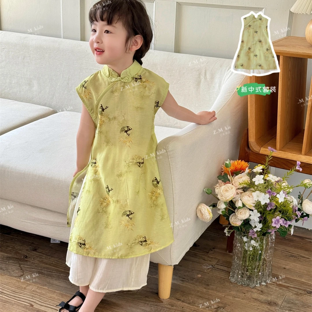 Z.M Kids女童新中式旗袍国画元素开叉裙裤套装 Q-75061女宝两件套