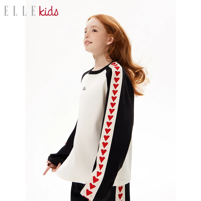 3400 ELLEKIDS撞色插肩袖T恤女童春秋双面布爱心织带绣花打底衫C3