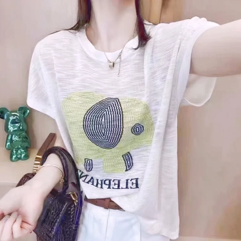 今年流行夏季薄款字母小象短袖冰麻竹节棉减龄宽松圆领上衣T恤女