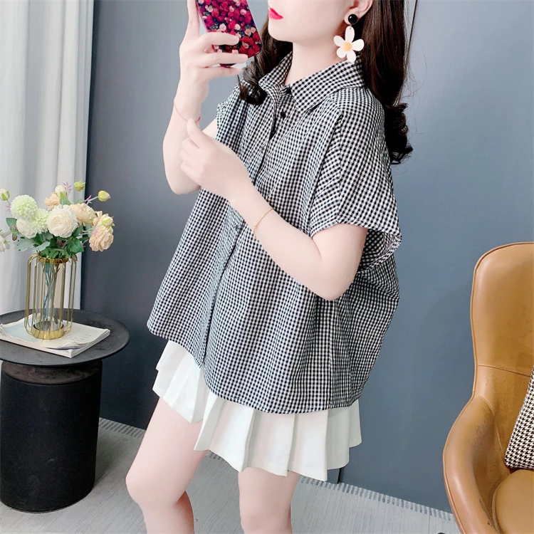 复古立领格子短袖衬衫女2025夏季新款洋气减龄小衫气质遮肚子上衣
