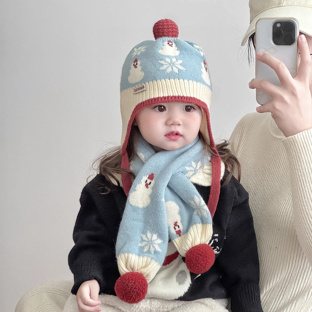 宝宝帽子冬天毛线帽围巾套装男女童加厚保暖针织护耳帽外出防风帽