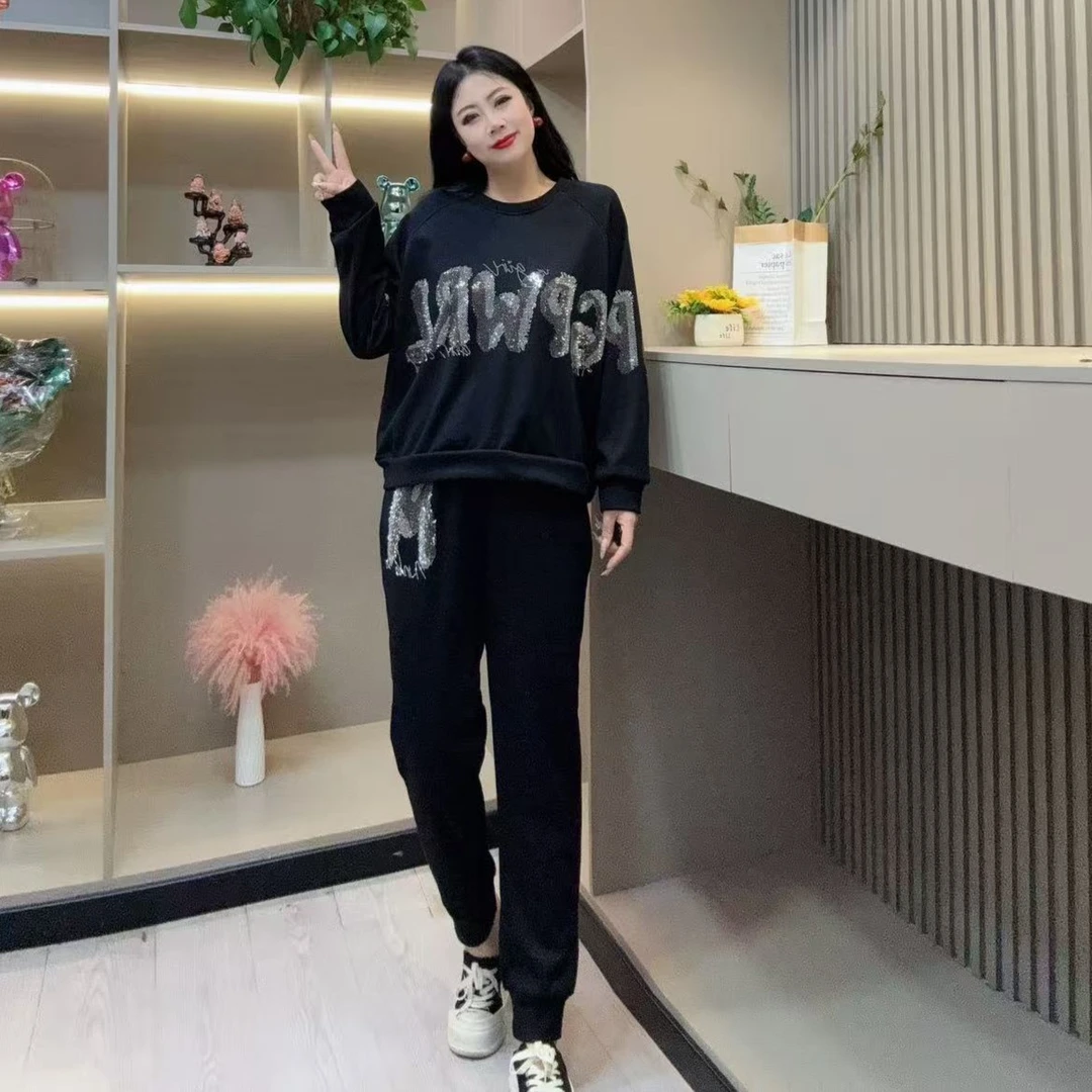 冬季加绒套装-玲 8857潮流亮闪保暖设计显瘦款胖MM大码女装新款