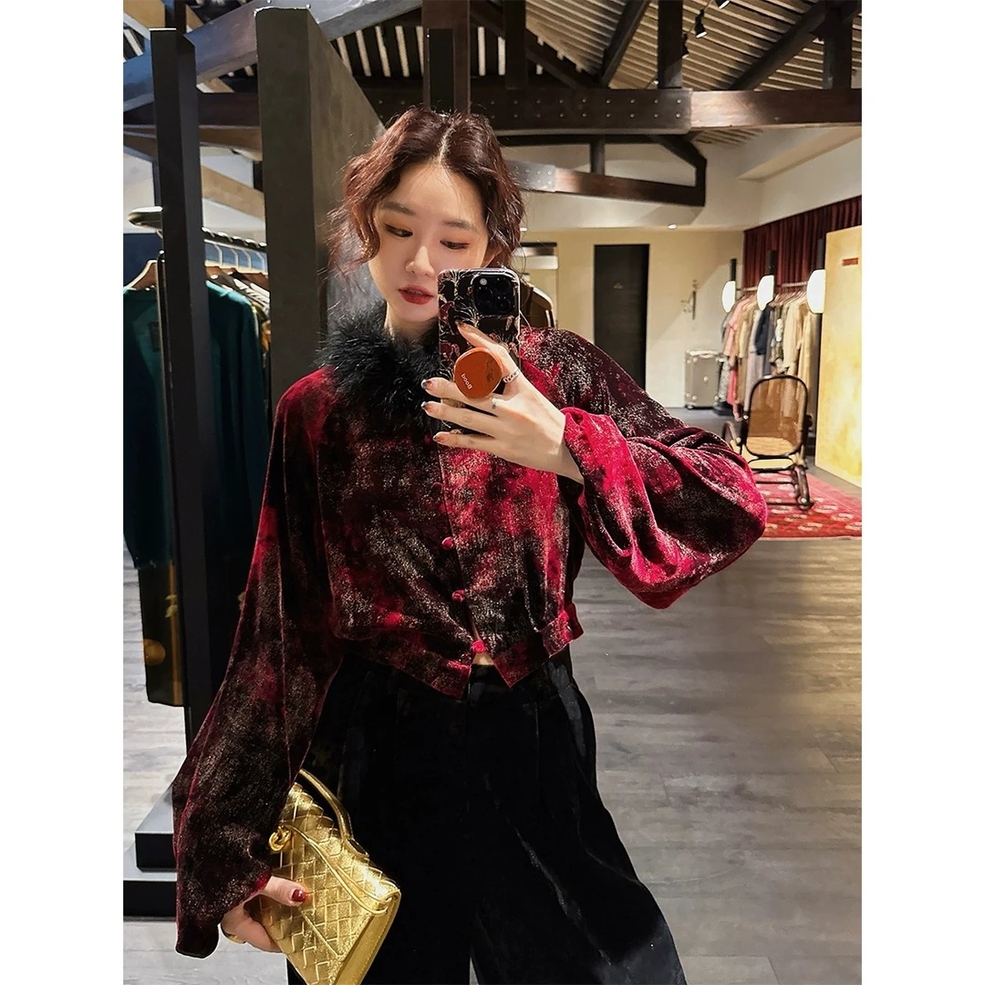 三吉黑花【繁星】丝绒新中式上衣衬衫女秋冬内搭国风打底衫长袖潮