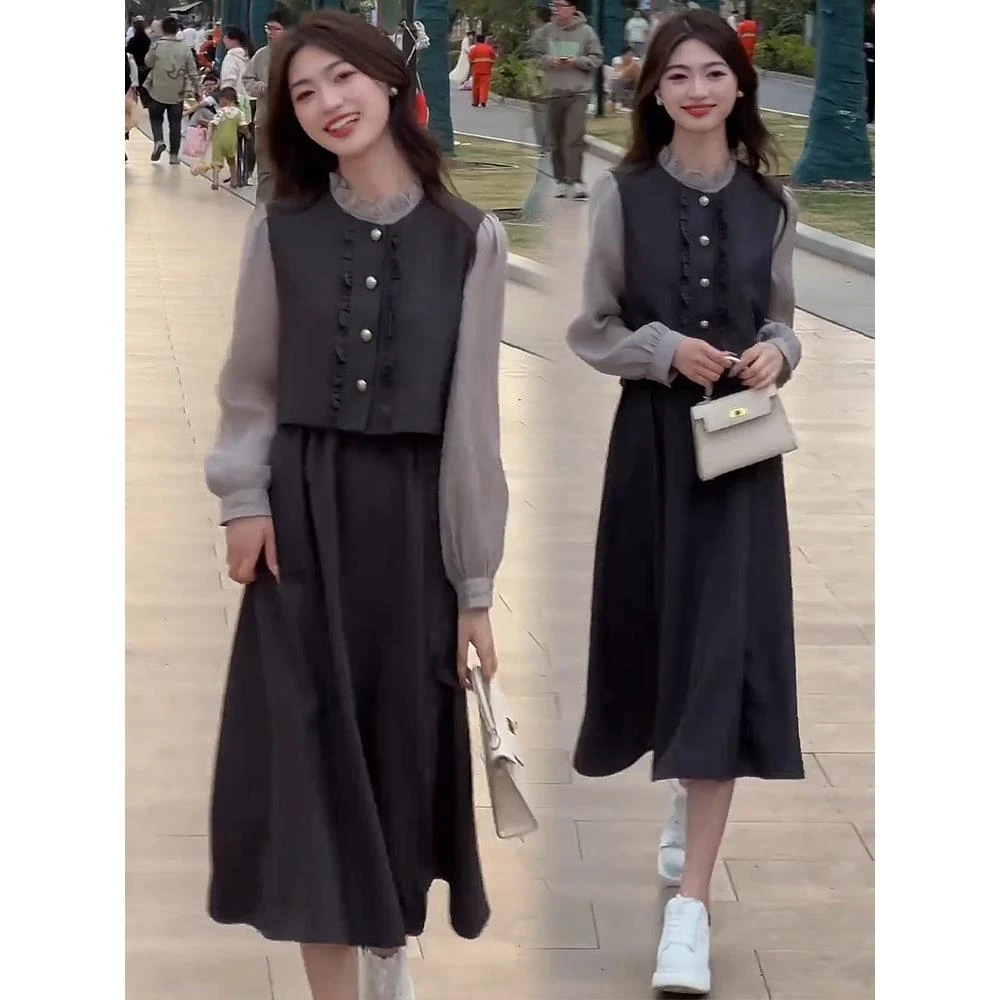 韩系衬衫连衣裙春季新款小个子洋气设计感假两件木耳边连衣中长裙