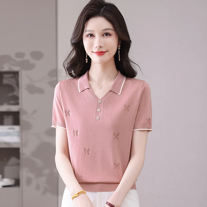 翻领polo针织短袖t恤女士2025年新款薄款蝴蝶结提花上衣