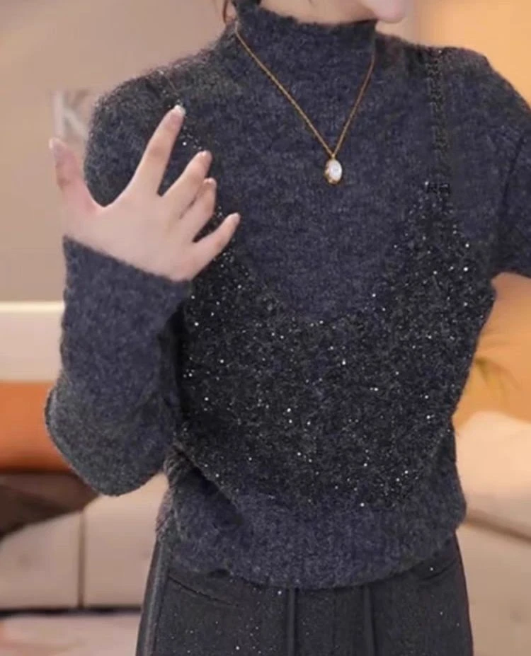 【Jason colors】高领假两件亮闪闪毛衣长袖气质网红针织上衣半高领