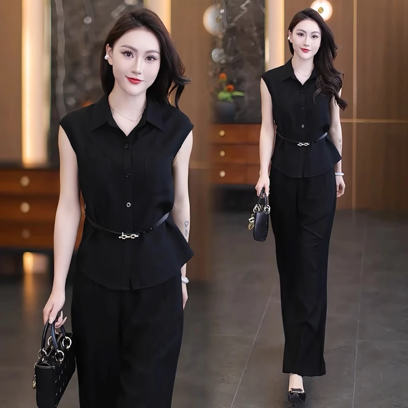 拉夏贝尔无袖衬衫上衣阔腿裤百搭两件套女2025夏新款洋气时尚套装