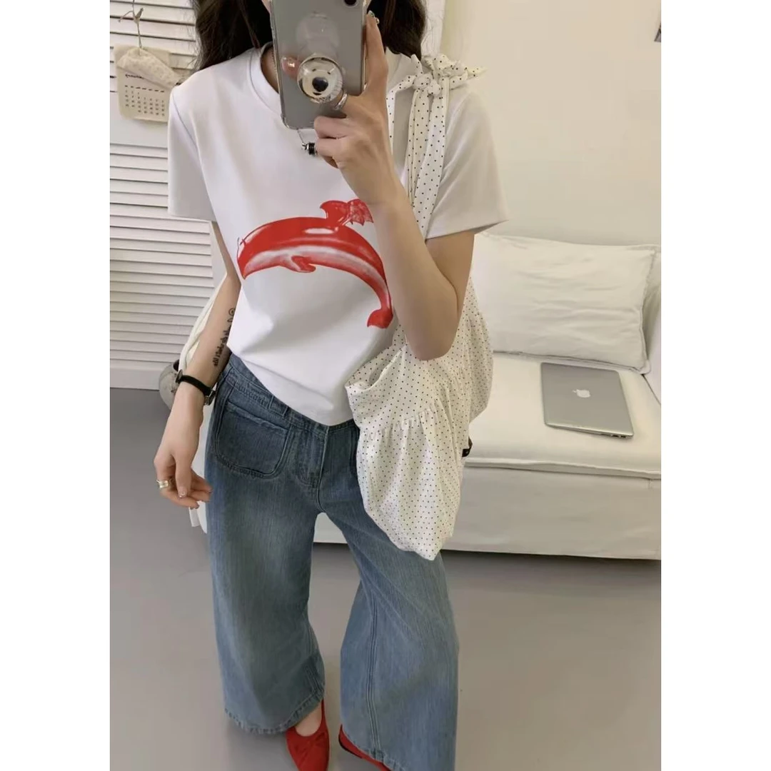 【墨潮红豚】红色海豚印花修身显瘦圆领T恤.Y993