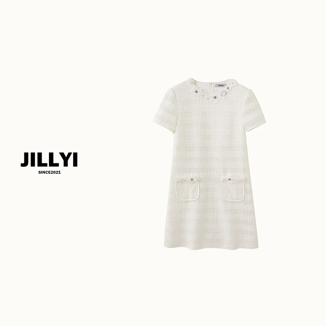 JILLYI南山店【雨后初晴】白色领口亮片小花装饰轻奢时尚连衣
