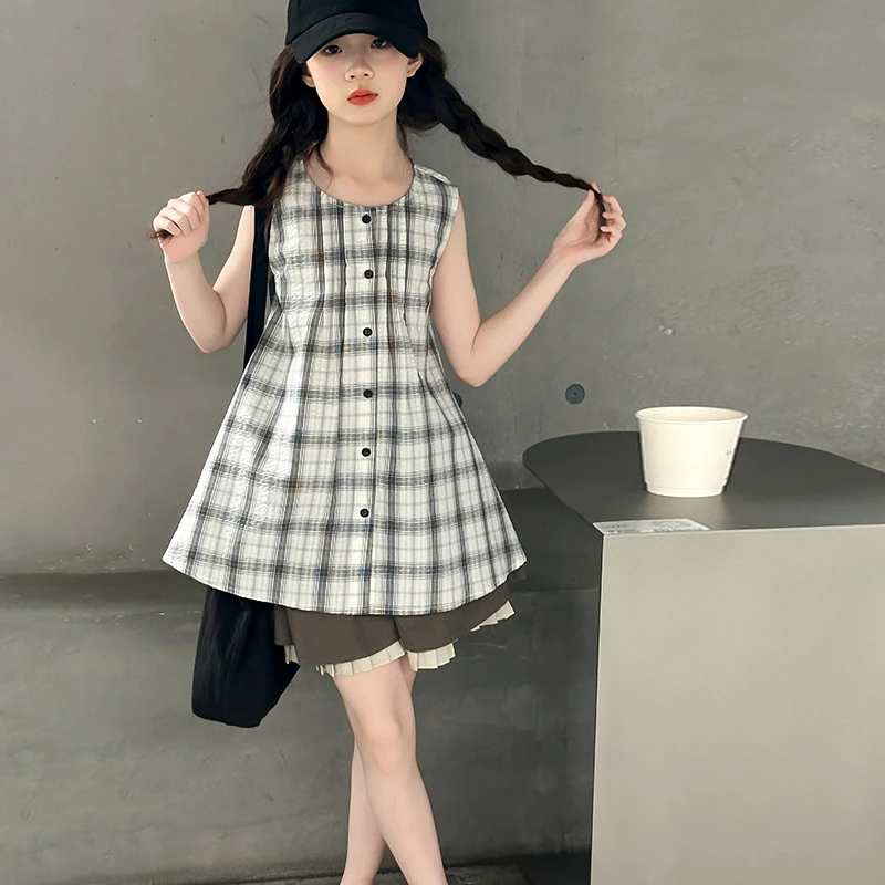 女童夏装衬衫格子背心单排扣无袖衬衣小女孩6-12岁假两件短裤薄款