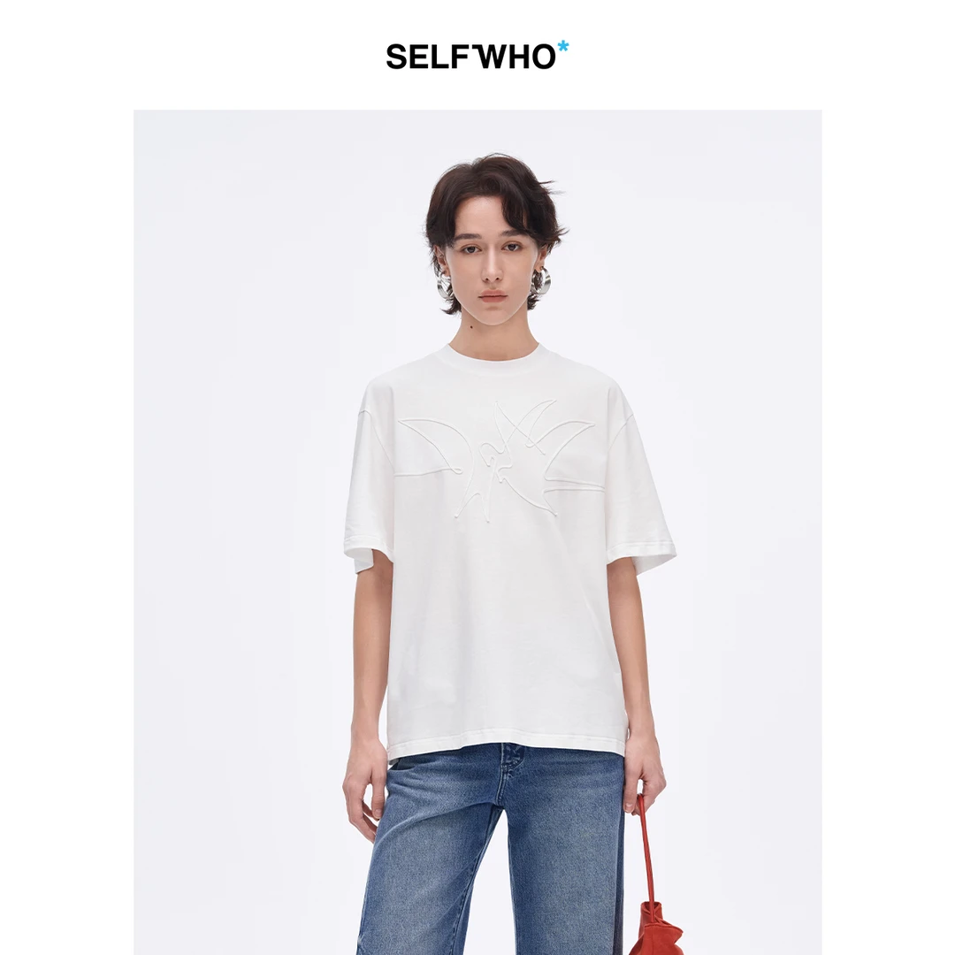 SELFWHO全棉白色双飞燕绳绣落肩短袖T恤女2025春新款圆领宽松上衣