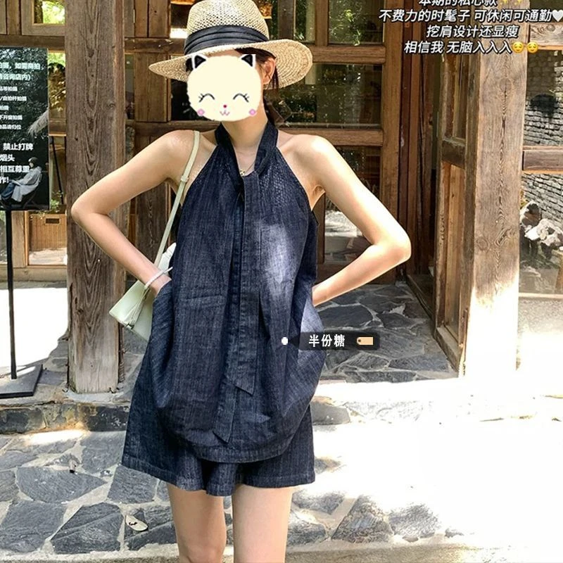 夏天绝美漂亮小套装女2025高级感系带挂脖吊带背心a字短裙两件套