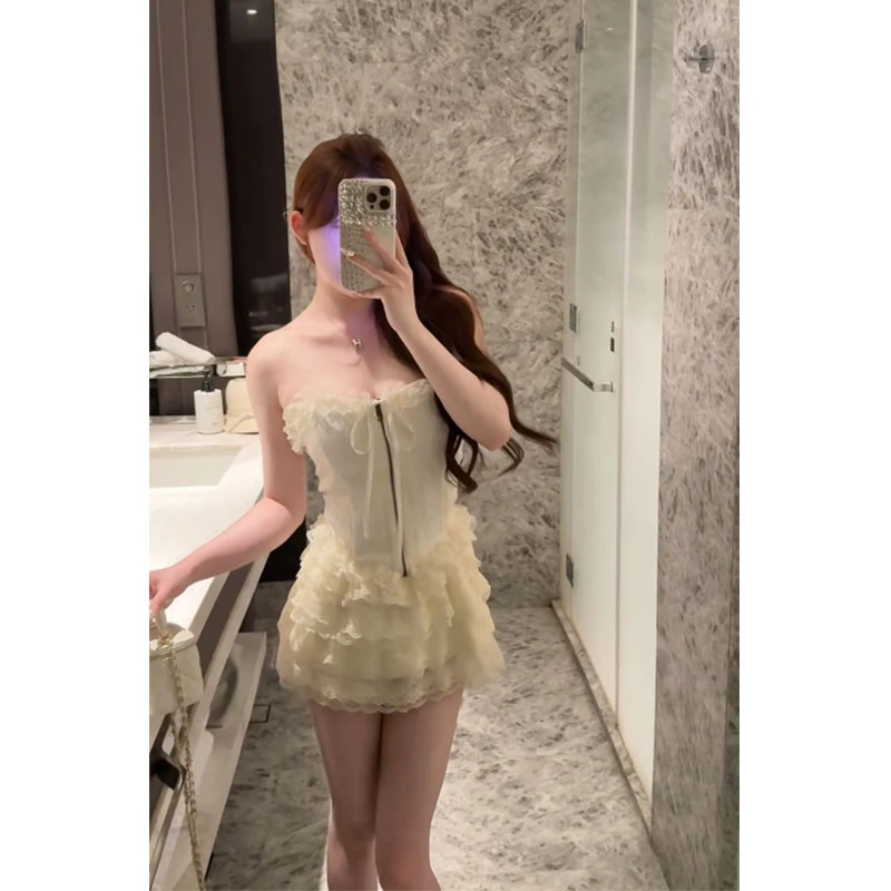 2025秋季新款性感辣妹鱼骨塑形蕾丝抹胸背心+层次半裙时尚套装女