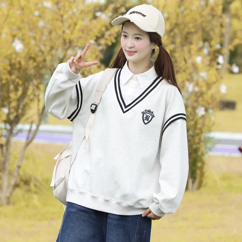 初中生卫衣女假两件上衣学院风POLO领春秋2025新款高中生大童洋气