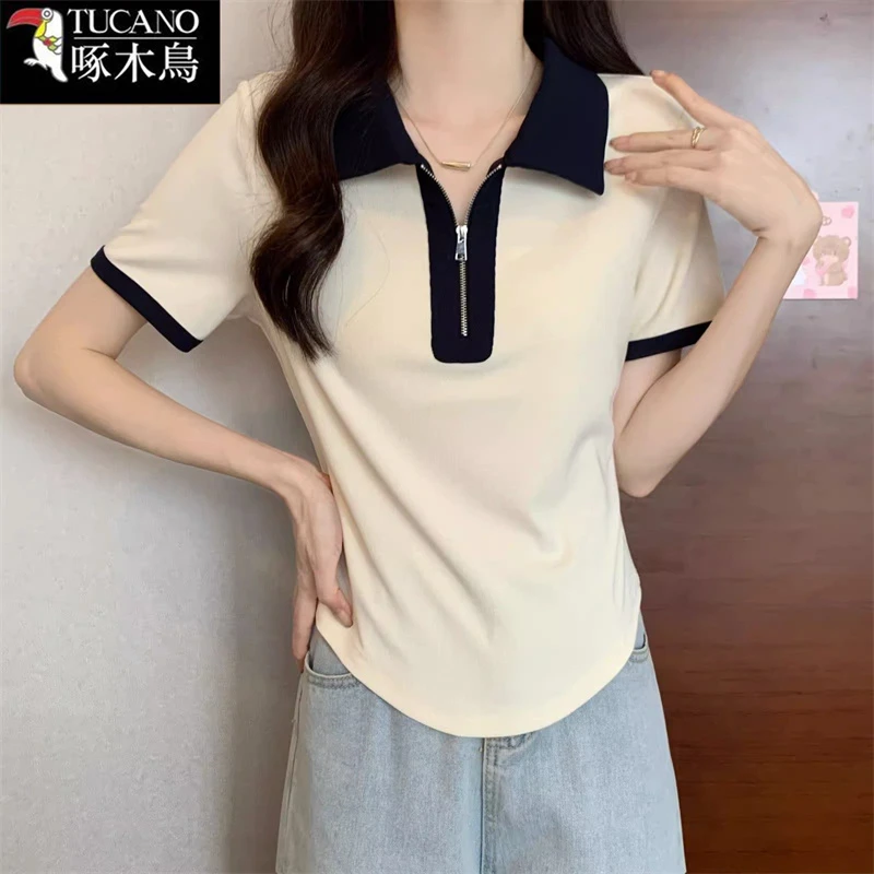 啄木鸟新款拼色短袖POLO领T恤2025年夏季薄款潮流小众百搭上衣女