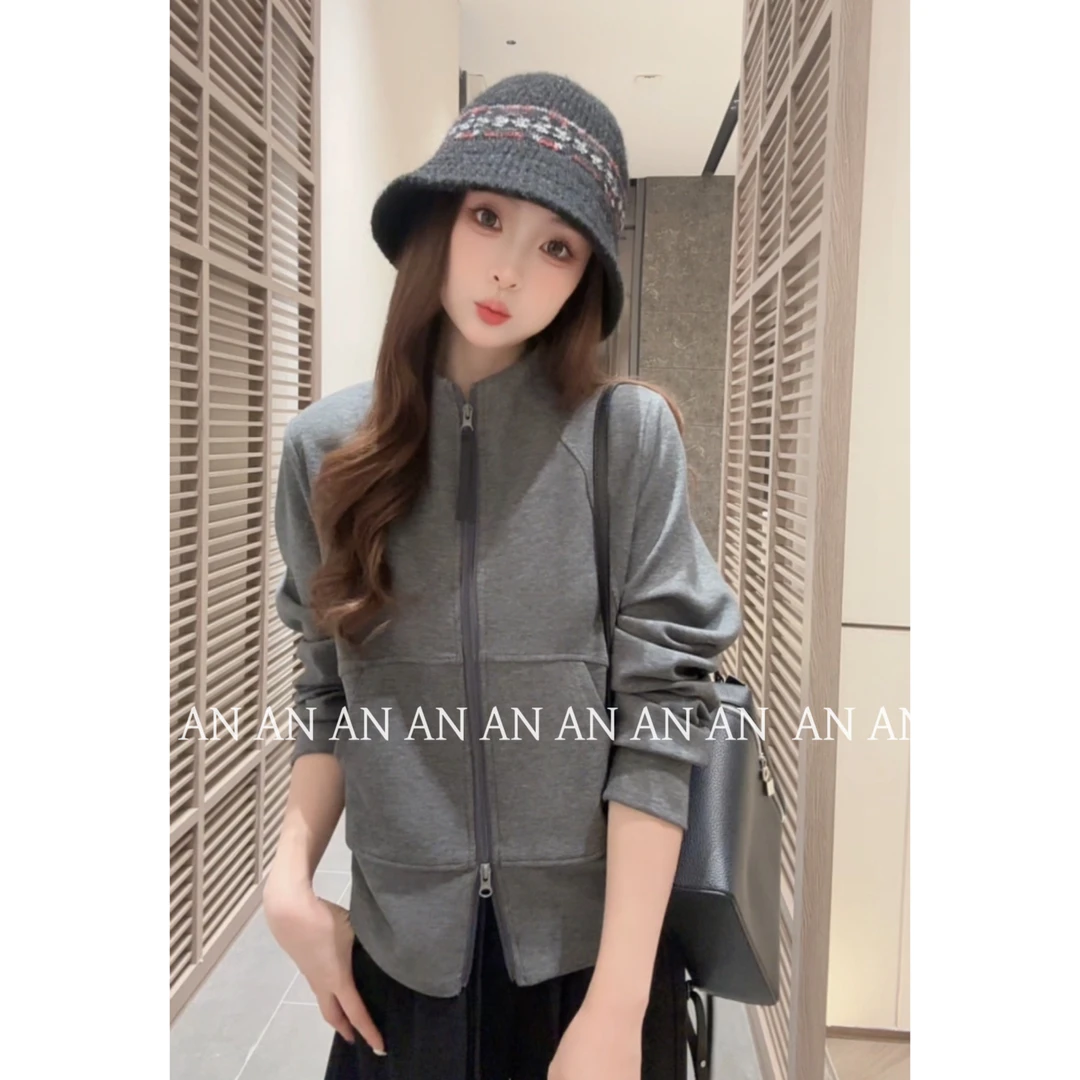 C09523新款时尚小众设计宽松百搭开衫线条纯色立领卫衣外套