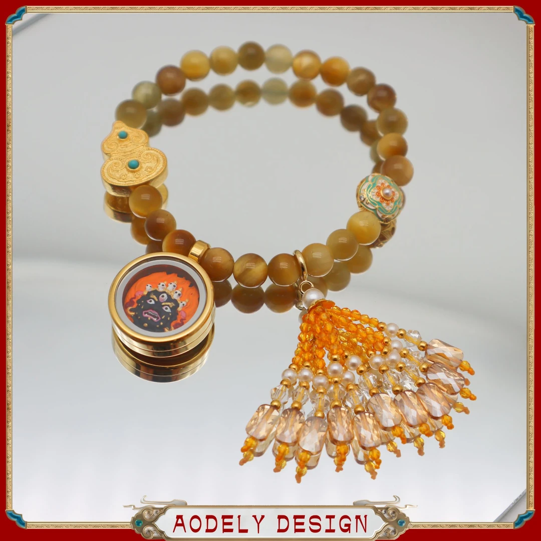 大黑天唐卡擦擦虎眼手链水晶流苏可拆卸弹力绳设计手链S-628