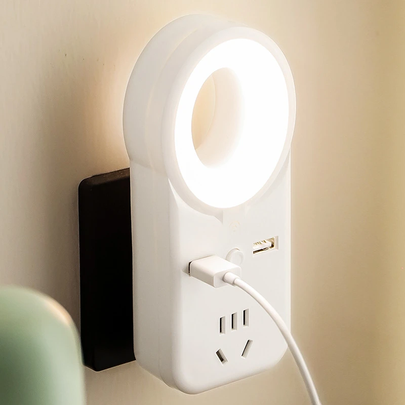 智能语音声控小夜灯带插座USB多功能插排家用LED柔光宿舍护眼台灯