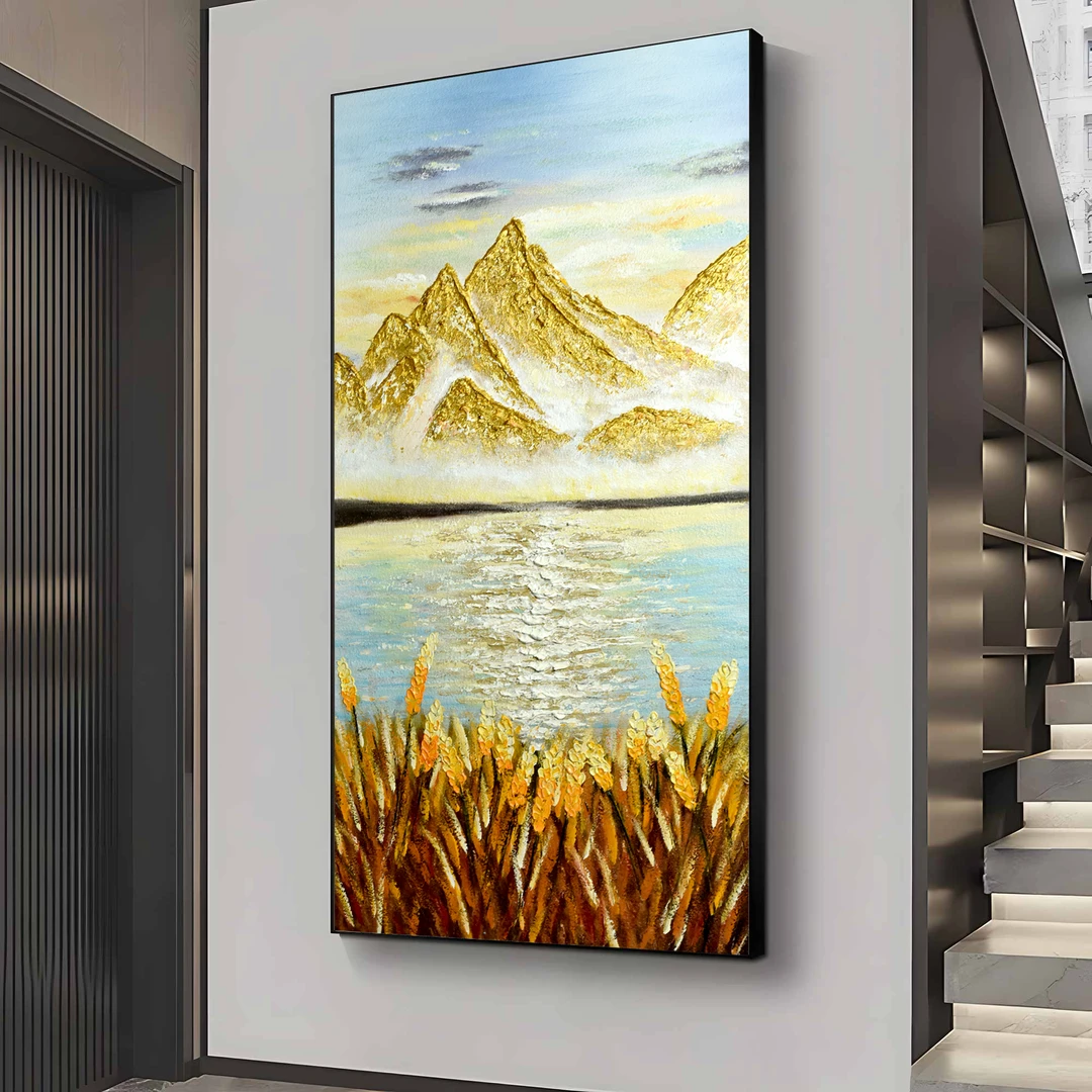 现代轻奢入户玄关油画日照金山风景装饰画客厅走廊对门挂山80160