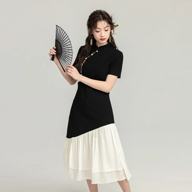 拼接新中式中长裙纯色夏季连衣裙小个子气质显瘦时尚裙子中式