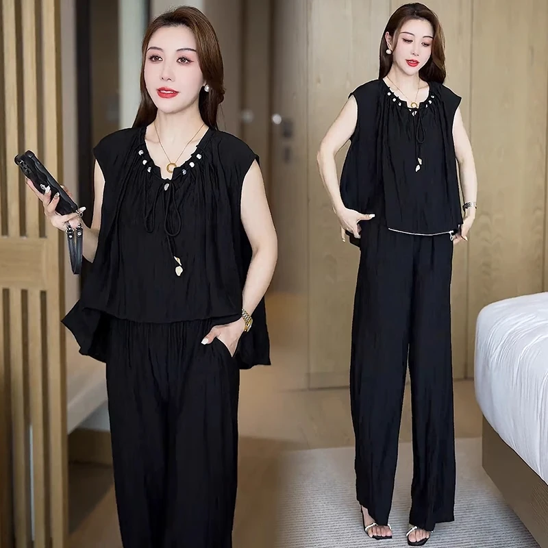 拉夏贝尔时尚连体裤2025夏季新款洋气显瘦遮肚子短袖阔腿裤两件套