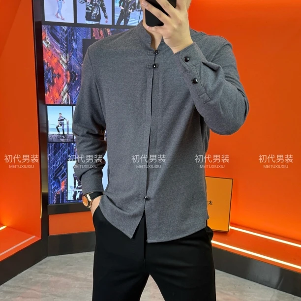 轻奢时尚春季简约纯色新中式男款潮流立领修身长袖