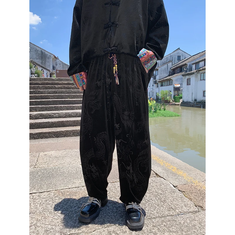 中国风男装阔腿裤复古金丝绒运动裤小众设计感龙纹提花宽松直筒裤