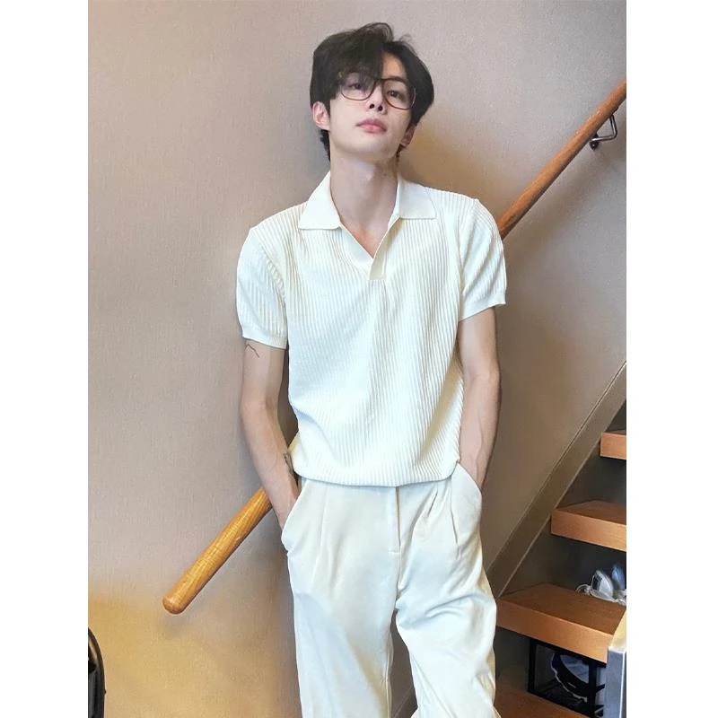 老钱风冰丝螺纹polo衫短袖男款夏季凉感V领针织t恤收袖口修身半袖