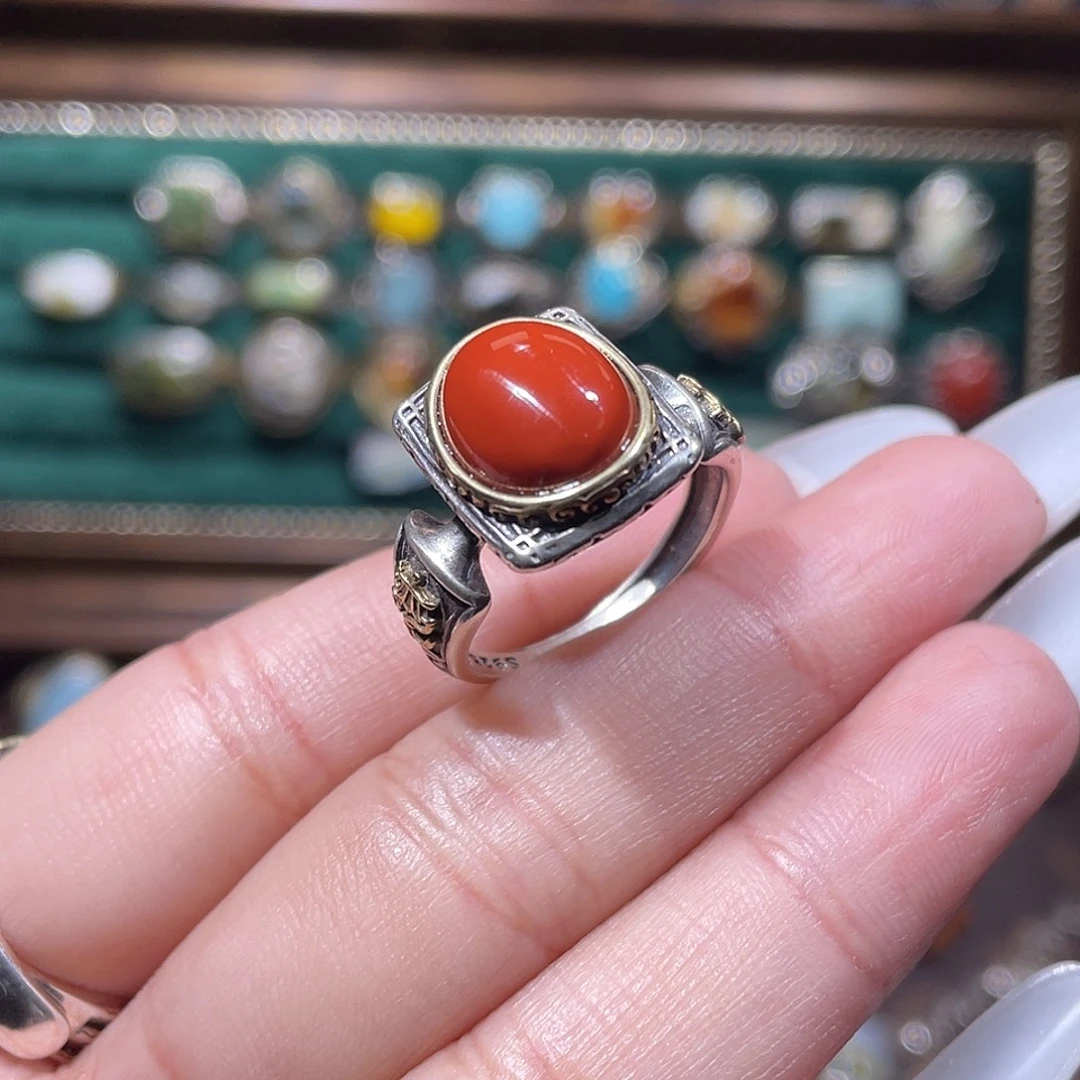 南红玛瑙银S925镶嵌戒指戒指