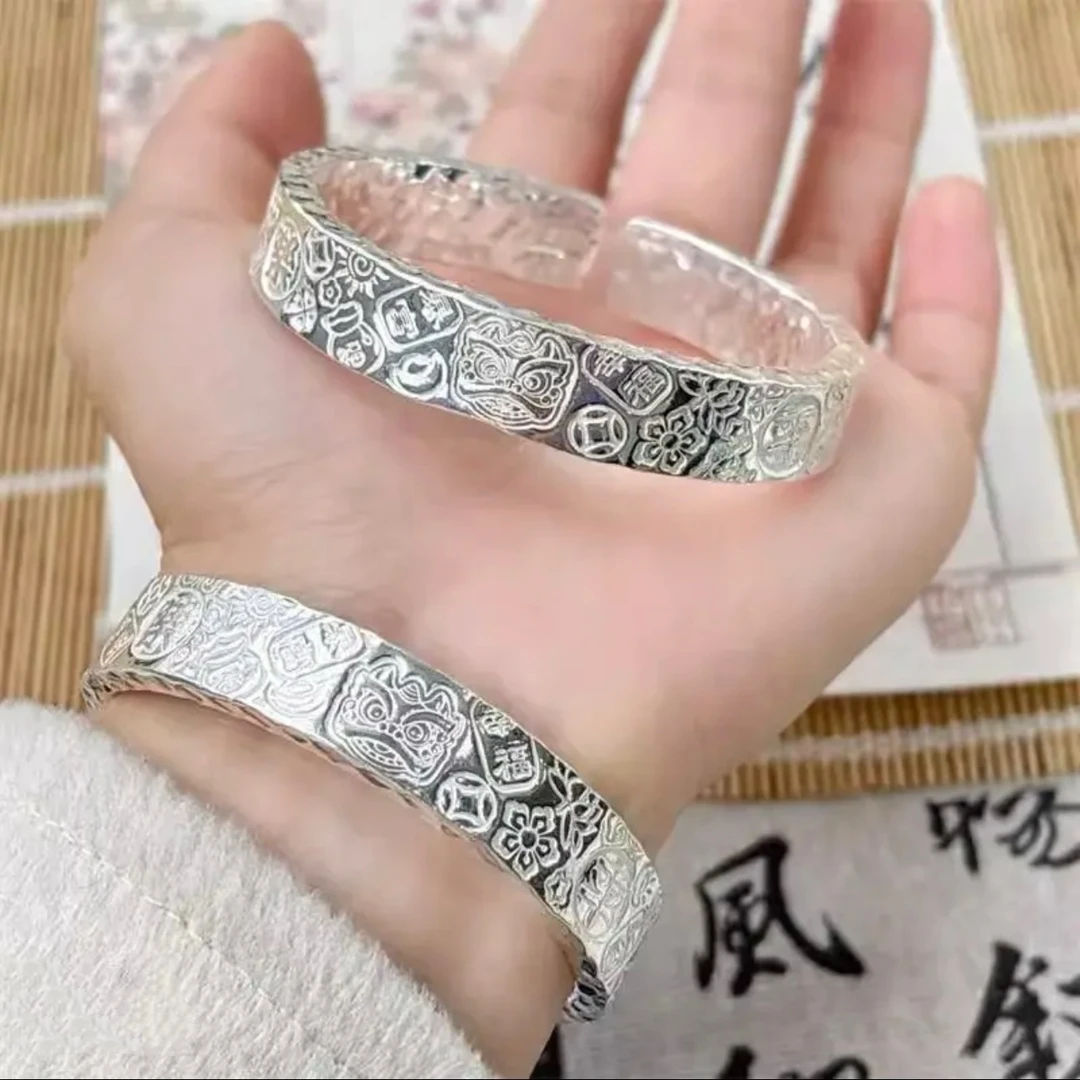 三面吉言银手镯男女实心开口纯手工招财猫999.9银镯子情人节礼物