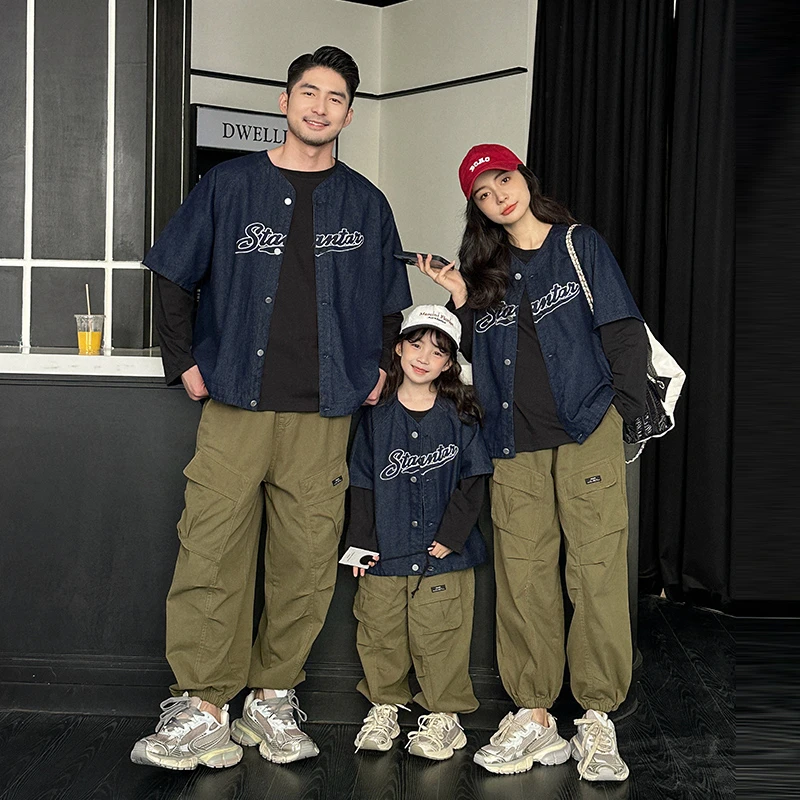 外套亲子装一家三口春秋洋气母女牛仔上衣潮流母子复古情侣美式潮